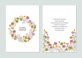 Greeting card template in minimalistic line art style. Flowers Tulip, Pion, Ranunculus, eucalyptus. Editable line. Vector illustration. Vector illustration