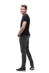 confident guy looking at white blank screen . isolated on white