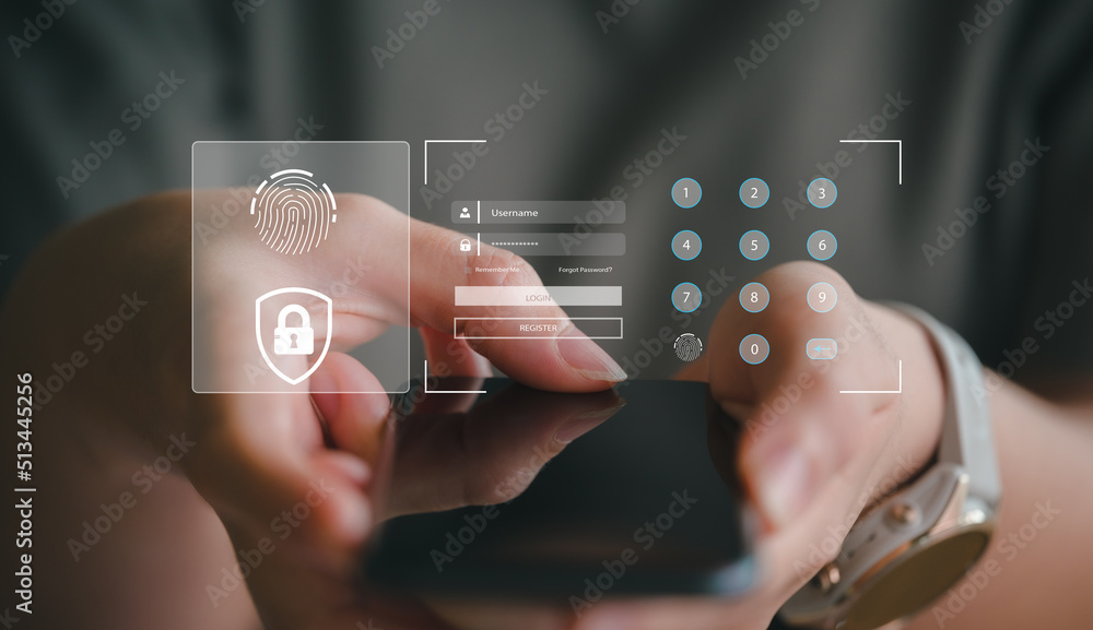 Aufkleber Security on the Internet innovation technology against digital cyber crime, user finger scanning allows access input username and password for or technology security system and prevent hacker concept.