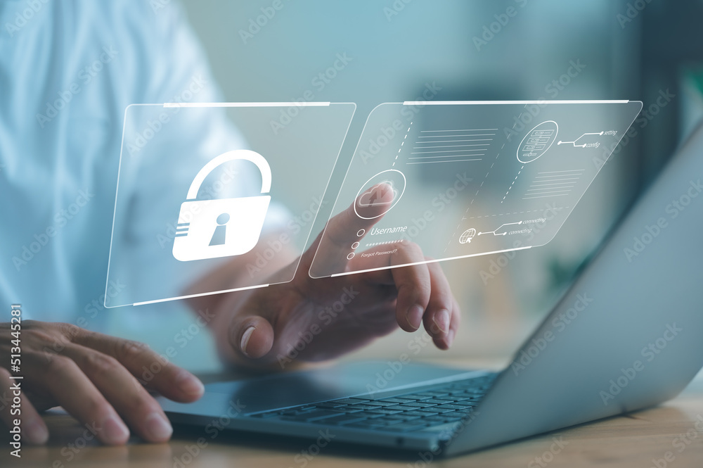Aufkleber technology cyber security system and prevent hacker concept, man use Laptop with cloud computing diagram show on hand. Cloud technology. Data storage. Networking and internet service concept.