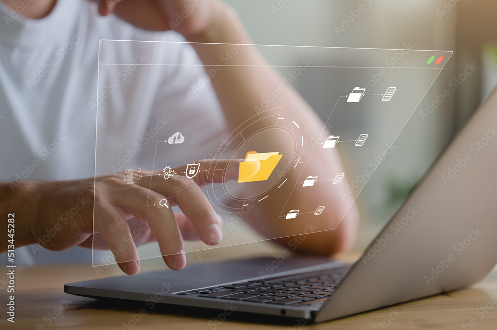 Aufkleber Document management system concept, business man holding folder and document icon software, searching and managing files online document database, for efficient archiving and company data.