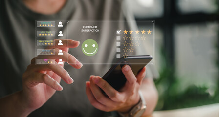 Customer review satisfaction feedback survey concept, User give rating to service experience on online application, Customer can evaluate quality of service leading to reputation ranking of business