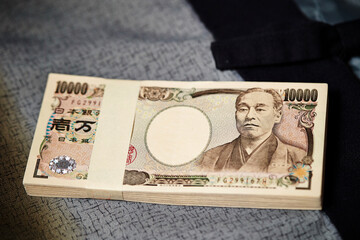 Japanese money on yukata background