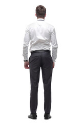 rear view.smiling young businessman pointing at white screen