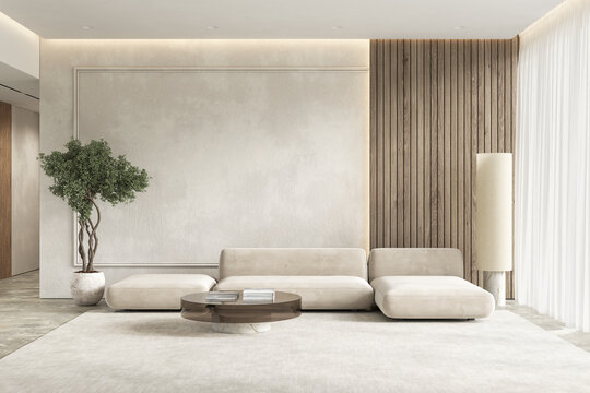 Contemporary white beige interior with wall panel, sofa and decor. 3d render illustration mockup.
