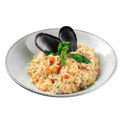 Isolated portion of gourmet seafood risotto on white background