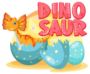 Cute dinosaur in cracked egg with dinosaur word logo