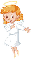 Cute angel cartoon character in white dress on white background