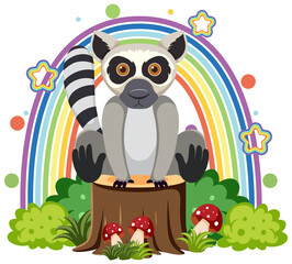 Cute lemur on stump in flat cartoon style