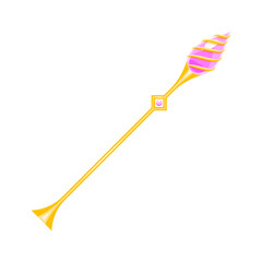 Magic staff. Cartoon illustration of golden wizard walk stick with gems. Vector 10 EPS.
