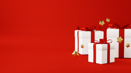 赤い背景に白のプレゼントボックスと金色の星。（横長）