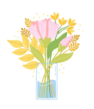 Hand-drawn cartoon bouquet in a vase on white background. Pretty floral illustration for cards and posters. Seasonal design with summer flowers.