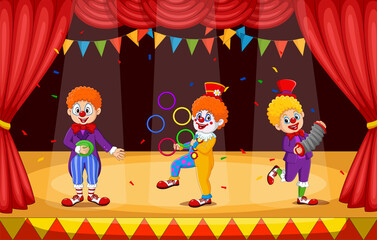 Group of clowns cartoon performing on stage