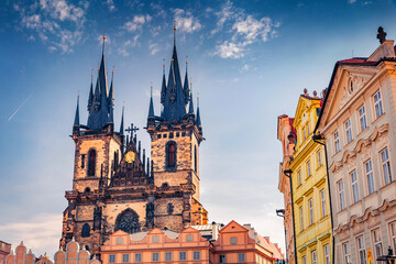 Fototapeta premium Spring summer view of Church of Our Lady before Tyn, 14th-century landmark with 80m towers, ornately carved exteriors and baroque altarpiece, Prague, Czech Republic, Europe.