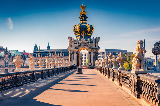 Adorable morning view of popular historical landmark -Kronentor in Zwinger palace (Der Dresdner Zwinger) Art Gallery of Dresden. Spectacular summer scene of Dresden, Saxony, Germany.