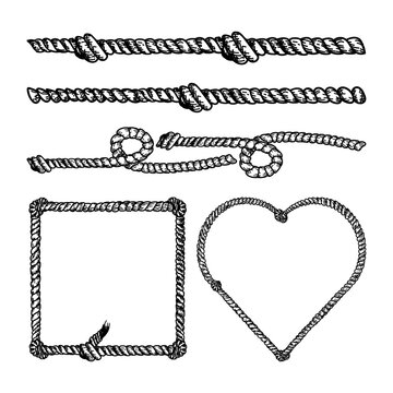 Nautical rope vector dividers and elements, hand-drawn doodle in sketch style. Vintage border frame design illustration. Decorative nautical jute frame illustration.