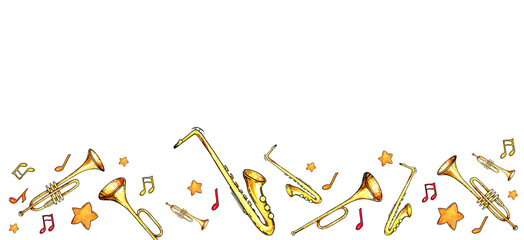 Watercolour border with trumpet, saxophone, notes, stars on white background. Watercolor illustration. Hand draw sketch. © TATIANA