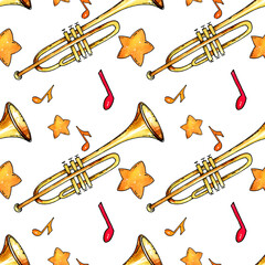 Music watercolor illustration with trumpet, notes, stars. Seamless pattern, hand drawn sketch