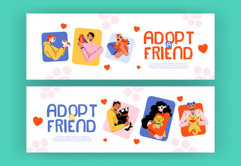Fototapeta premium Adopt a friend banners. People hug pets, animal adoption concept with young women holding cute funny cats and guinea pig on hands. Human tenderness, love and charity Linear flat vector web banner