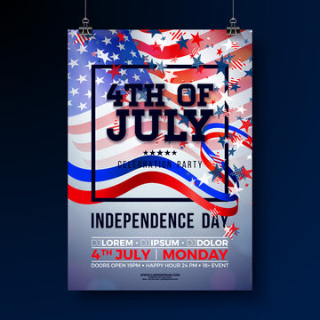 Fourth of July Independence Day of the USA Party Flyer Design with American Flag, Star and Ribbon. Vector 4th of July Template Illustration on Light Background for Celebration Banner, Greeting Card