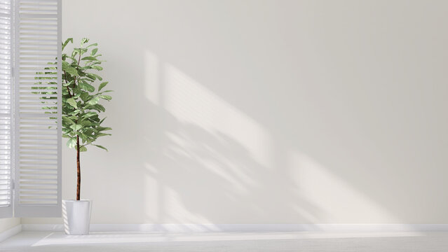 Realistic 3D render background, a pot of beautiful fiddle-leaf fig next to window with opened white shutter window. Morning sunlight, leaves shadow on blank empty wall. Household products overlay.