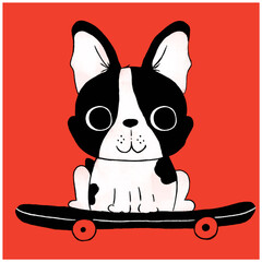 Cute boston terrier illustration is a perfect for people who loves dog. Adorable Boston Terrier dog on skate. Design for t-shirt, card, poster and etc.