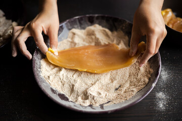 raw breaded meat preparing close up