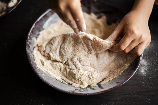 raw breaded meat preparing close up