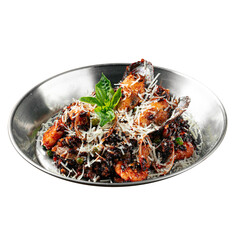 Isolated portion of wild rice risotto with seafood on white background