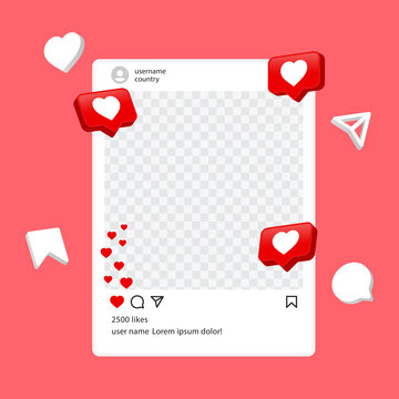Instagram Mockup Social Media Template Frame, 3d Social Media Notification Icons Like, Comment, Share, Save, Icons, Instagram Feed Web Post Mock Up, 3d Love Like Heart In Speech Bubble Background