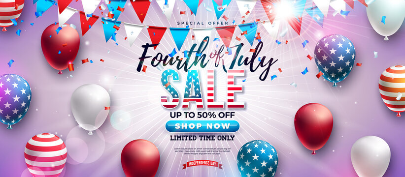 Fourth of July Independence Day Sale Banner Design with American Flag Pattern Party Balloon and Falling Confetti on Light Background. USA National Holiday Vector Illustration with Special Offer for