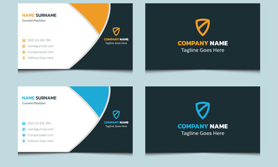 Simple unique clean abstract professional real estate company stationary creative visiting corporate modern name business card template design dark blue orange color.