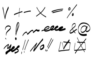 Highlight marker lines, arrows, check mark, crosses, yes, no, isolated on white background. Marker pen highlighter underline strokes. Vector hand drawn graphic doodle element.