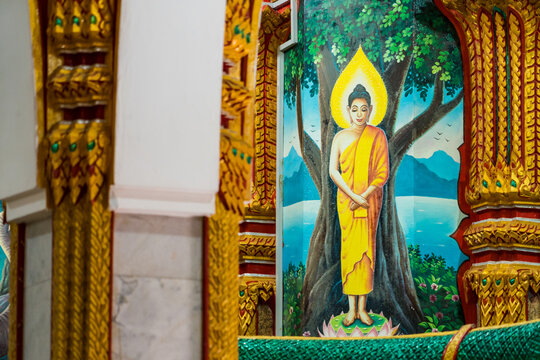 Phuket, Thailand - May, 07, 2022 : Buddhist painting on the wall in Wat Chalong in Phuket, Thailand