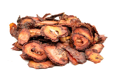 Dried strawberry slices. Sliced dried strawberries isolated on a white background. Sun-dried fruit. close up