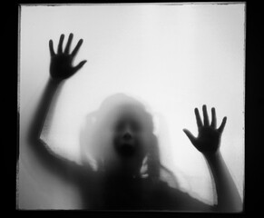 Shadowy figure, child behind glass - horror background