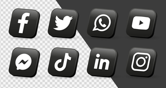 Social media 3d icons. social network 3d networking logo. popular social media icons in 3d modern black square facebook, instagram, youtube, tiktok, twitter, messenger, whatsapp, linkedin logo icon	
