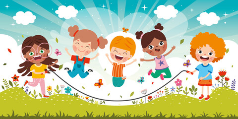 Cartoon Kids Playing Jumping Rope - obrazy, fototapety, plakaty