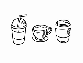 Coffee to go transparent cup and coffee mug. Hand drawn black color sketch style vector art.