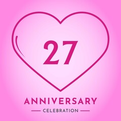 27 years anniversary celebration with heart isolated on pink background. Creative design for happy birthday, wedding, ceremony, event party, marriage, invitation card and greeting card.