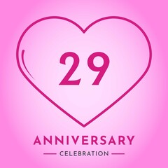 29 years anniversary celebration with heart isolated on pink background. Creative design for happy birthday, wedding, ceremony, event party, marriage, invitation card and greeting card.