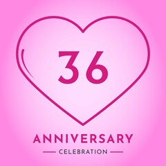 36 years anniversary celebration with heart isolated on pink background. Creative design for happy birthday, wedding, ceremony, event party, marriage, invitation card and greeting card.