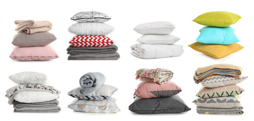 Set with different soft pillows on white background. Banner design