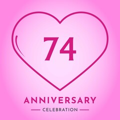 74 years anniversary celebration with heart isolated on pink background. Creative design for happy birthday, wedding, ceremony, event party, marriage, invitation card and greeting card.