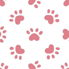 Pink cat seamless pattern. Meow and cat paws background vector illustration. Cute cartoon pastel character for nursery girl baby print.