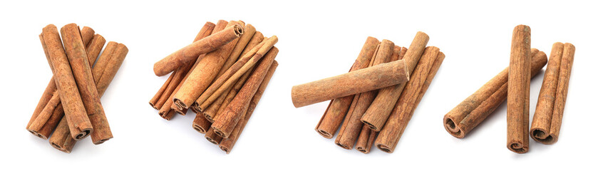 Set with aromatic cinnamon sticks on white background. Banner design