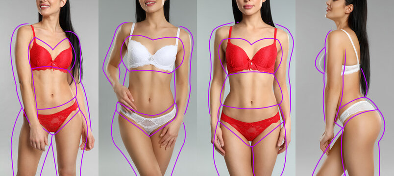 Collage With Photos Of Slim Young Woman Wearing Beautiful Underwear On Light Grey Background, Banner Design. Illustrations Of Lines Around Lady Before Weight Loss