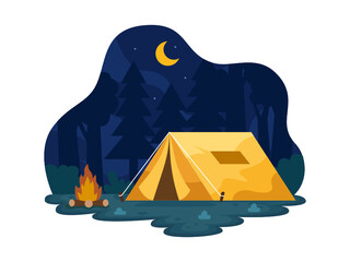 Illustration of Camping With Tent in the forest at night.
Camping at night in summer.
Night camping with tents, campfire.