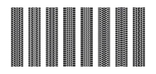 Auto tire tread seamless elements. Car tire patterns, wheel tyre tread track. Tyre print. Set of vector illustrations isolated on white background. © Elena Pimukova