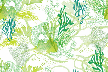 Hand drawn seamless vector pattern. Corals and algae on a white background for printing, fabric, textile, manufacturing, wallpapers. Sea bottom. - 513449841